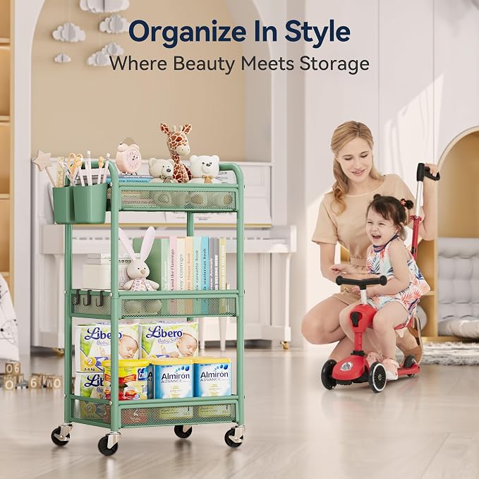 YASONIC 3 Tier Rolling Cart – Metal Utility Storage Cart