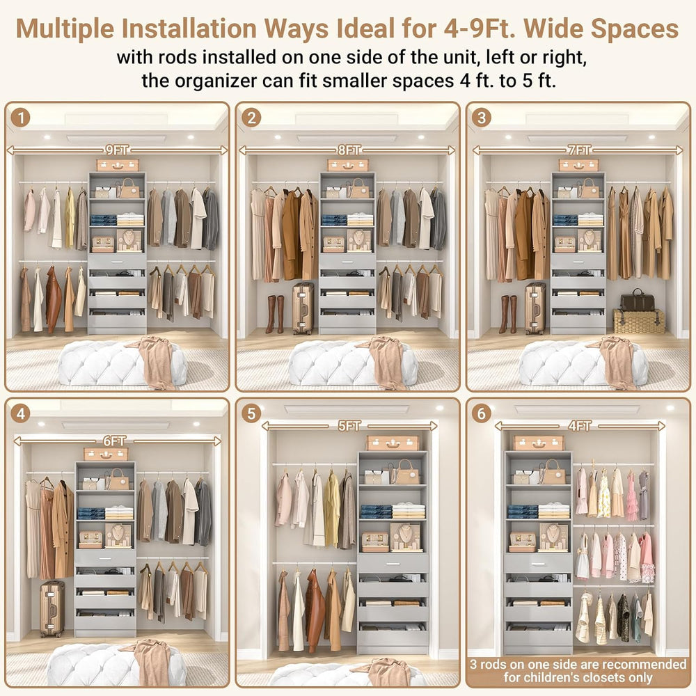 Aheaplus Closet System, 4-9Ft Closet Organizer with 4 Wooden Drawers, Grey