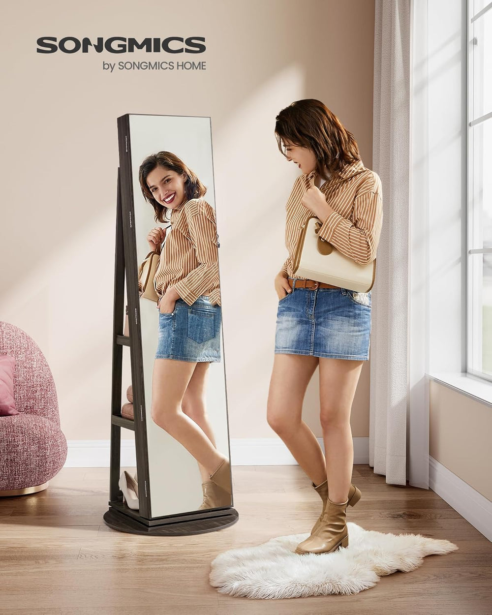 SONGMICS 6 LEDs Mirror Jewelry Cabinet Organizer, 360° Swivel, Lockable