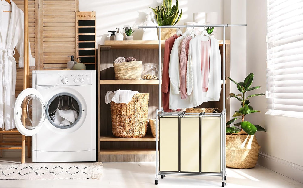 Deco Brothers Heavy Duty 3 Bags Laundry Sorter Cart with Hanging Bar, Beige