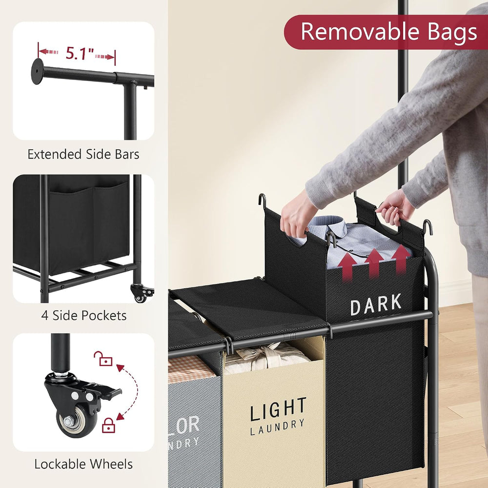 Tajsoon Laundry Sorter with Hanging Bar and Lid, 3 Section, 3 Colors