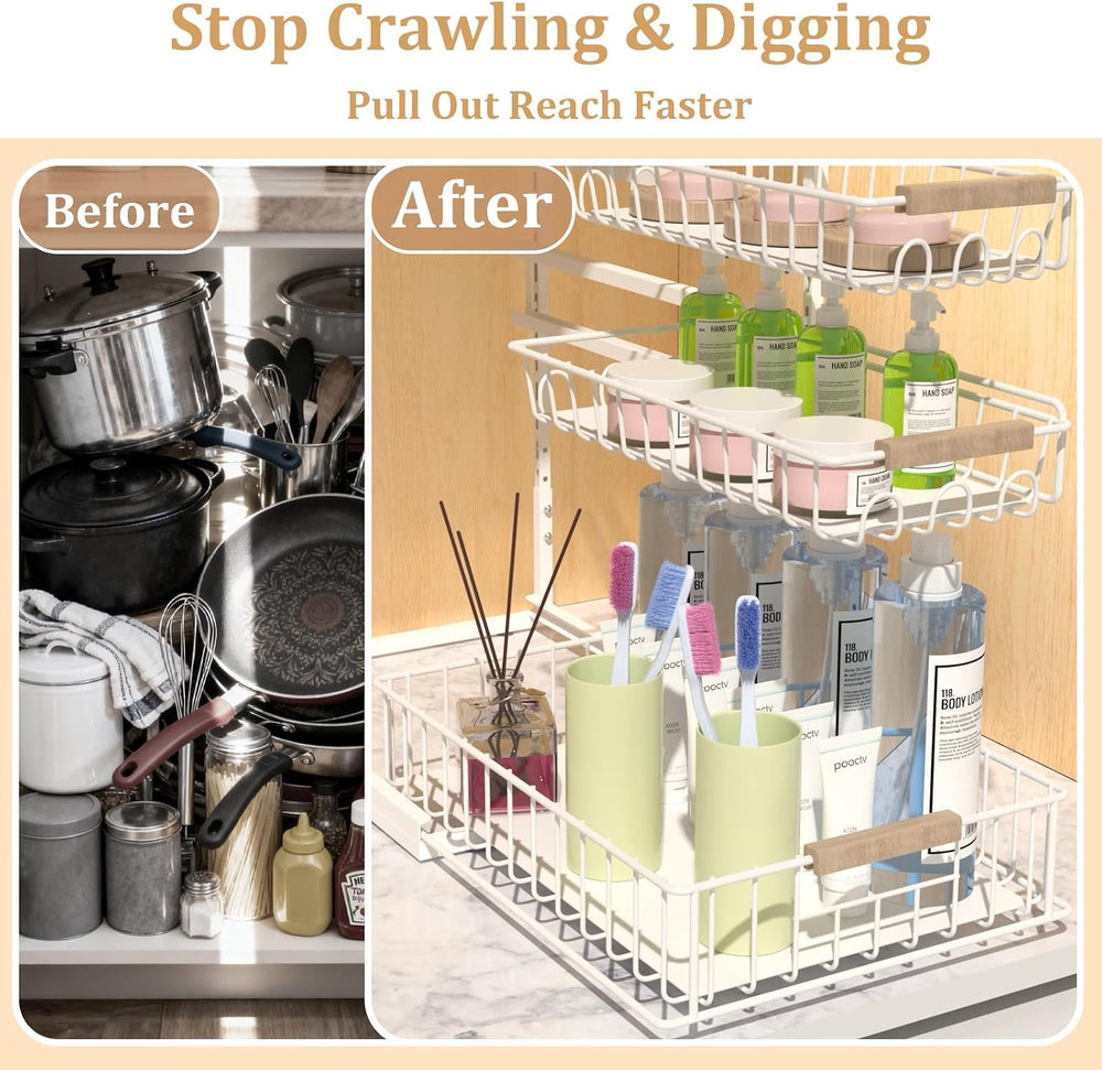 3 Tier Under Sink Organizer, Adjustable Pull Out Metal Storage Drawer