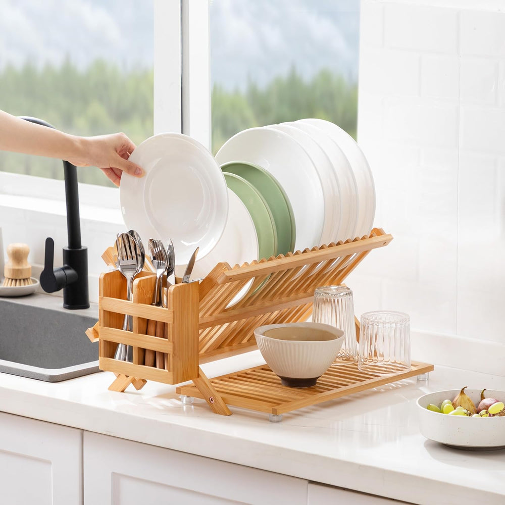 Bamboo 3 Tier Dish Drying Rack with Utensil Holder