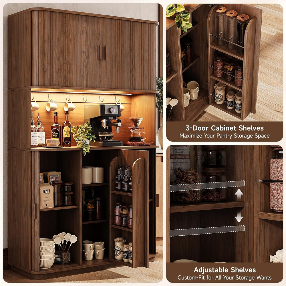 71" Fluted Kitchen Pantry Cabinet Sliding Door, LED Light/Outlet