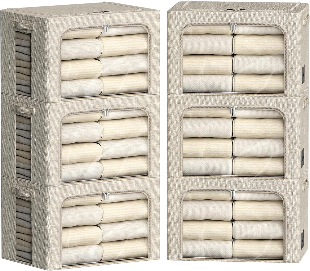 FHSQX 6 Pack Clothes Storage Bins with Metal Frame,Beige, 22L