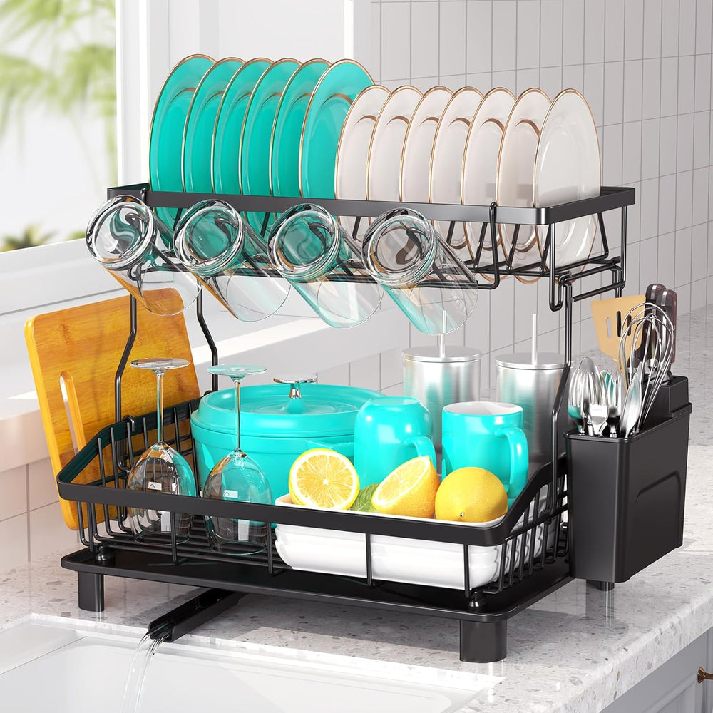 2 Tier Dish Drying Rack for Kitchen Counter, Large Capacity, Black