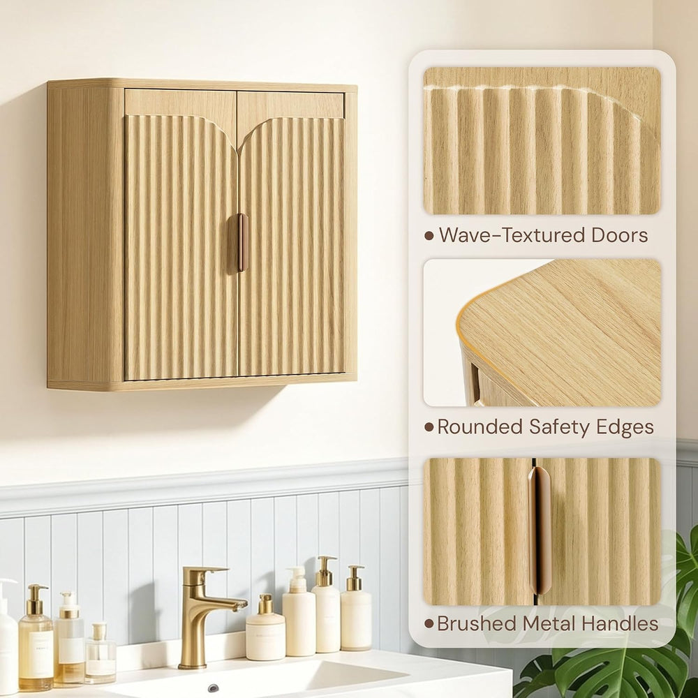 Fluted Bathroom Wall Cabinet with 2 Doors, 3-Tier Wood Wall Mounted Medicine ...