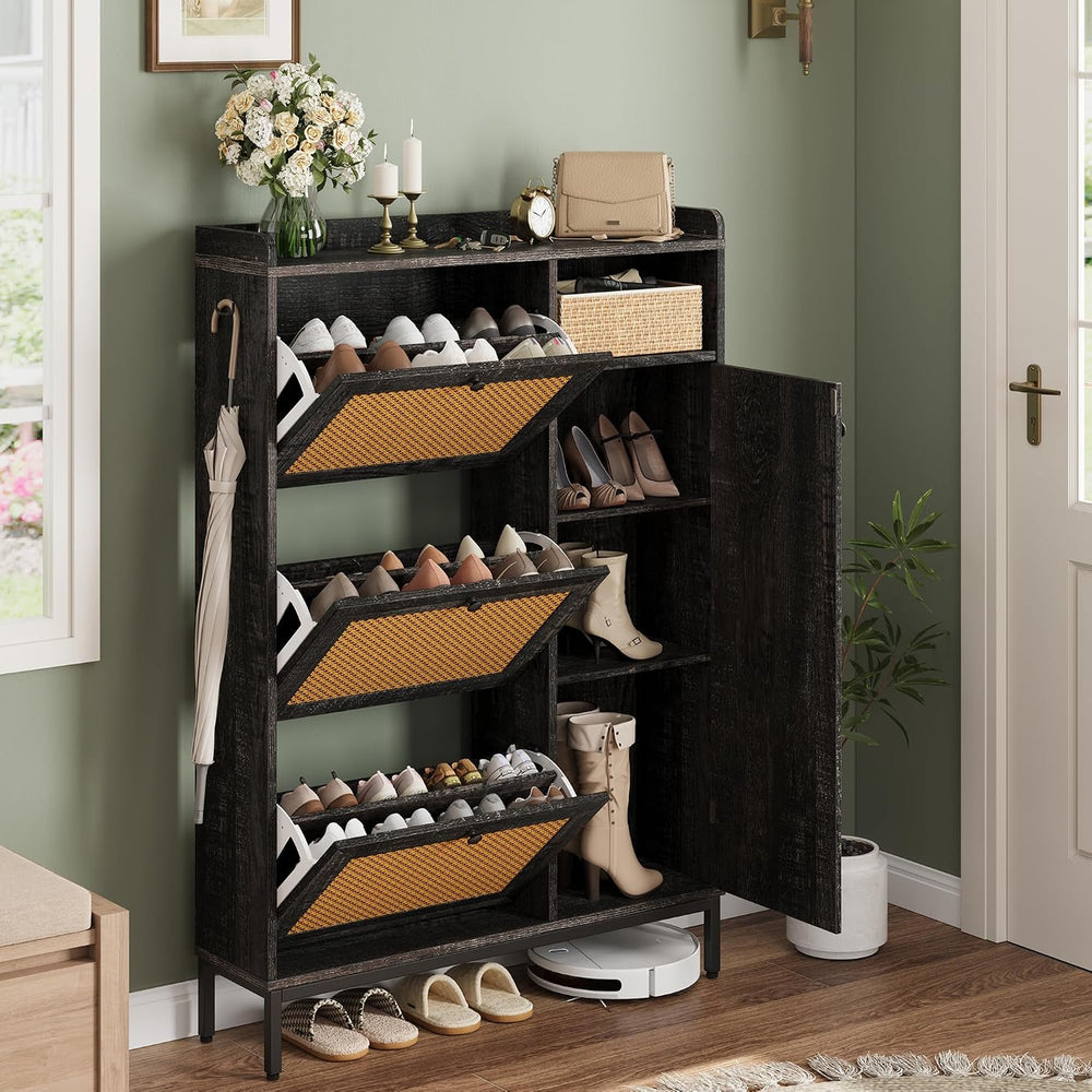 GarveeHome Shoe Cabinet Rattan with 3 Flip Drawers