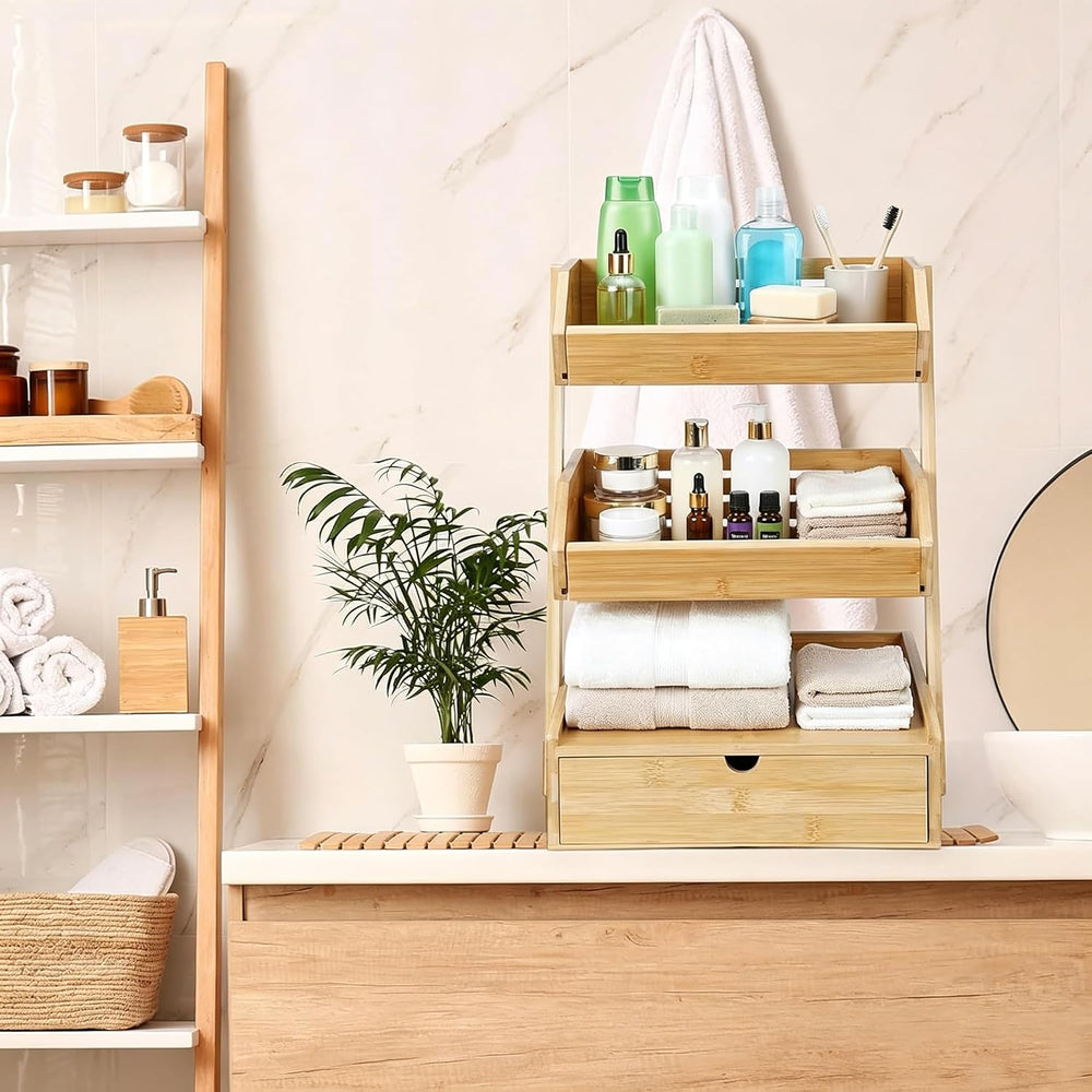 SALENT 3 Tier Bamboo Kitchen Counter Basket Organizer with Pull Out Drawers
