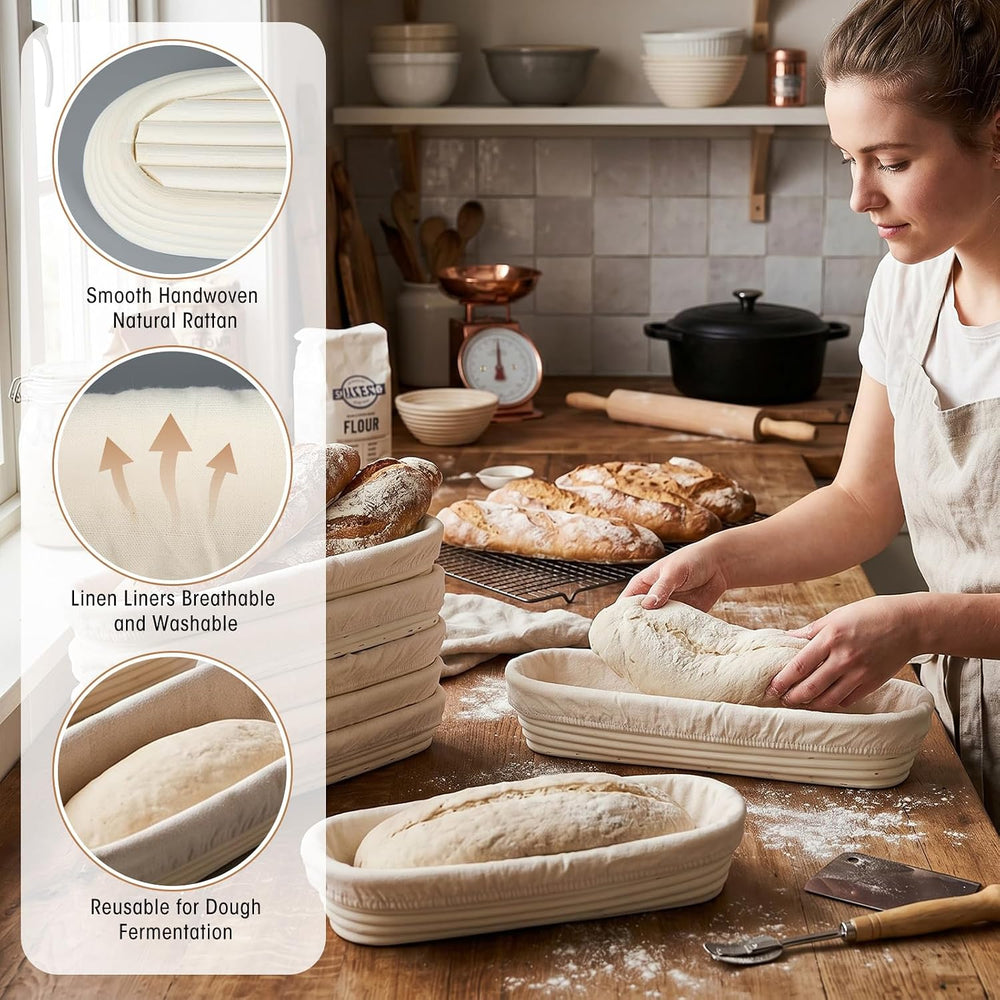 Vesici 15 Inches 10 Pack Baguette Banneton Proofing Basket with Linen Liner