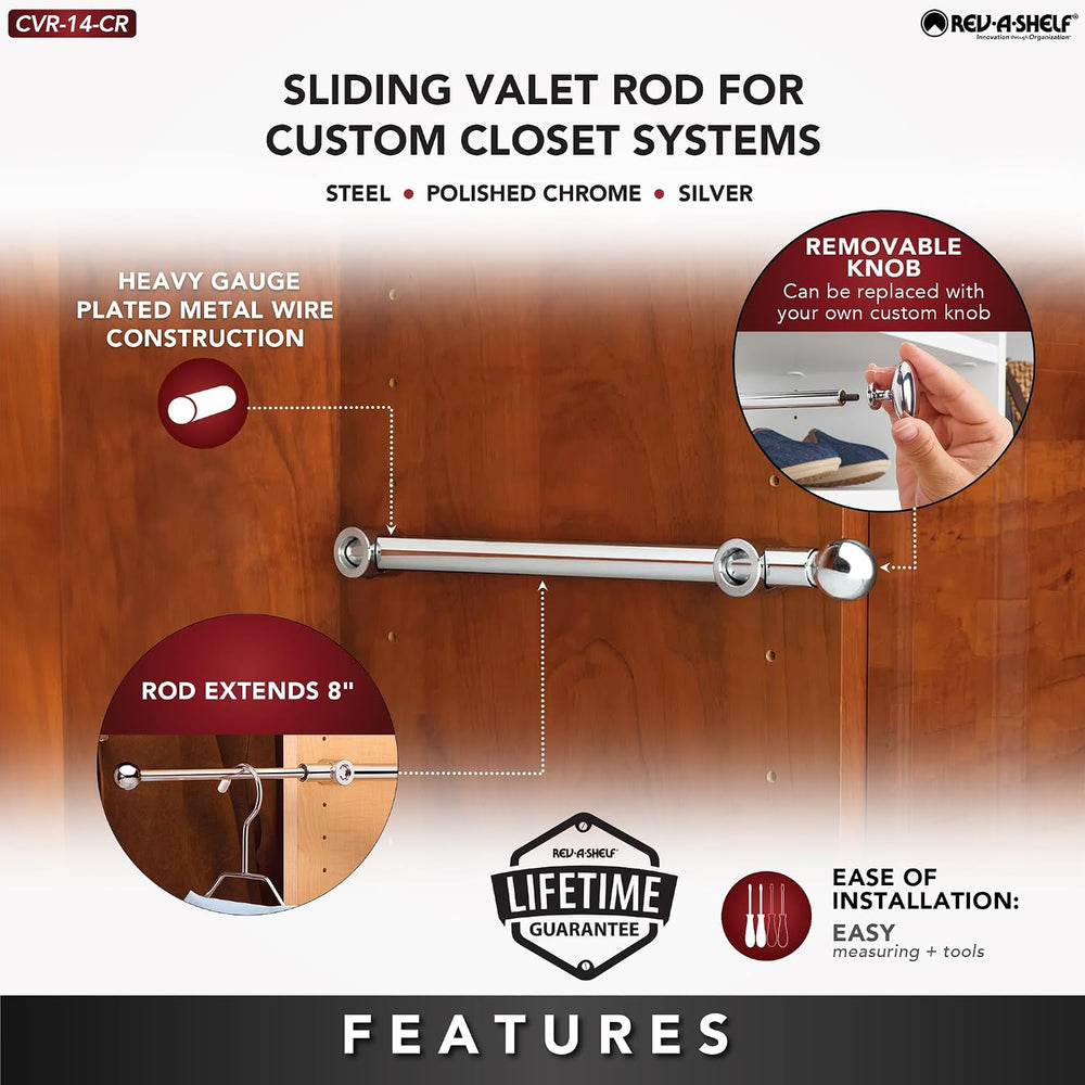 Rev-A-Shelf Sliding Valet Rod for Closets, 14" Min Depth