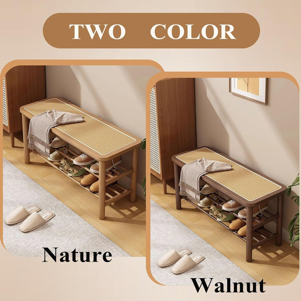 SOBIBO Bamboo Shoe Rack Bench with Rattan Seat, 3-Tier Shoe Storage Bench, En...