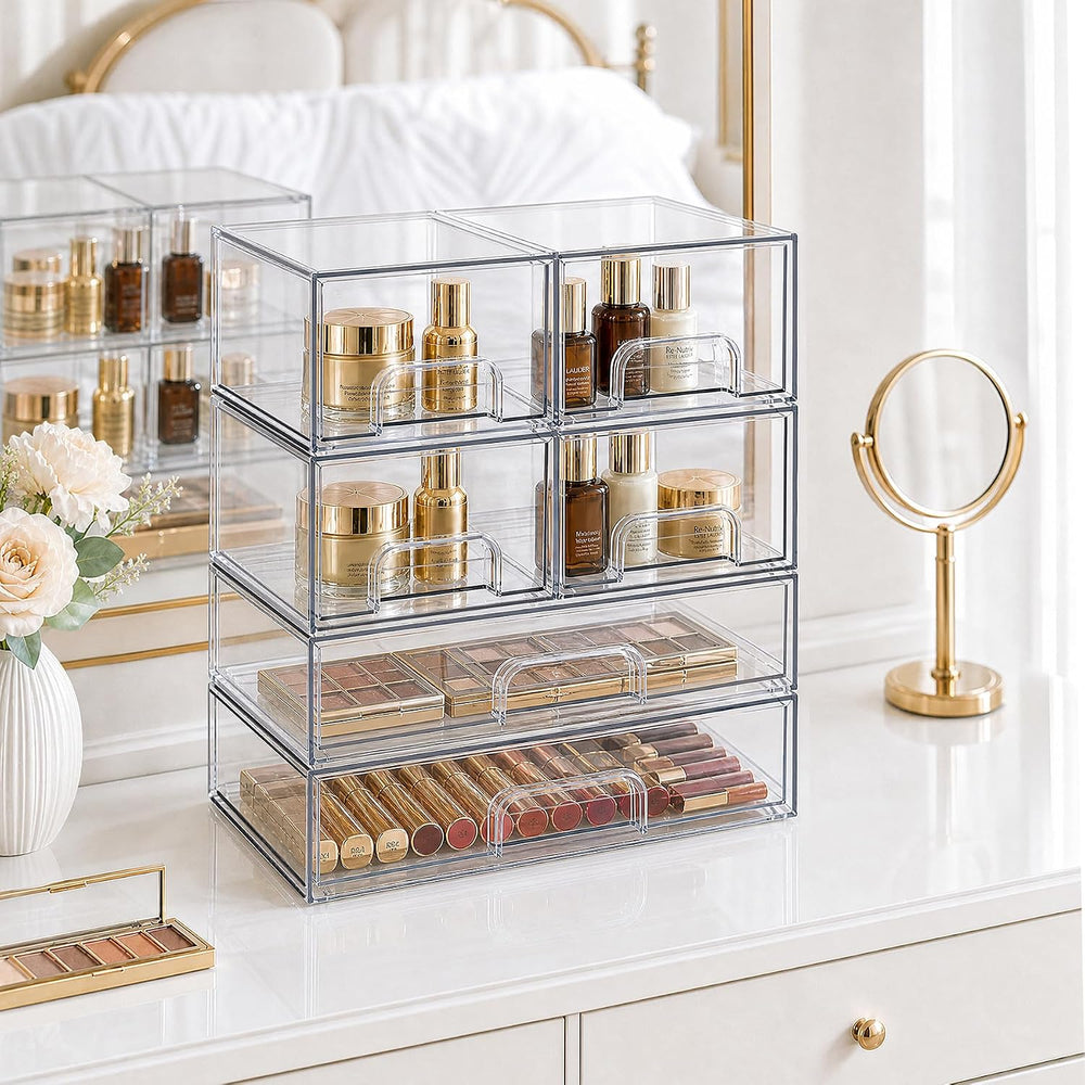 TIPGO Clear Stackable Storage Drawers, Acrylic Bathroom Makeup Organizer, Pla...