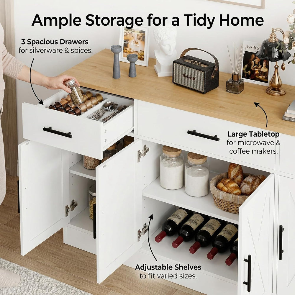 Coffee Bar Cabinet with Storage, Farmhouse Buffet Cabinet with 4 Doors & ...