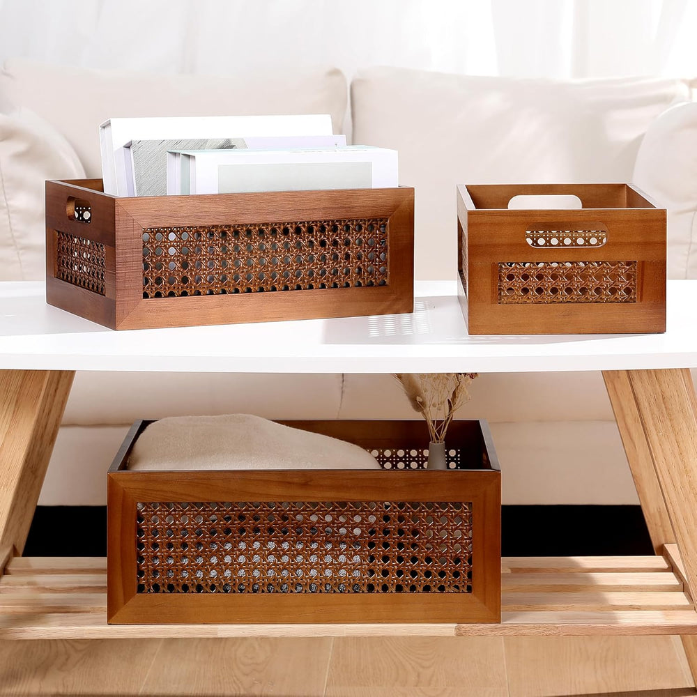 Rattan Wooden Box Set of 4 Handmade Decorative Storage Basket with Handles