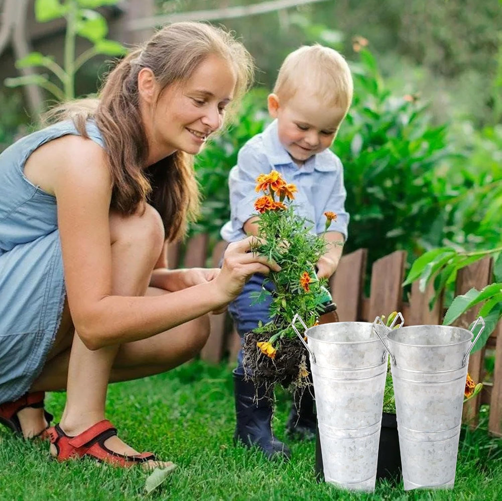 Small Galvanized Flower Buckets, 8 Pack, 10 in Tall, Silver