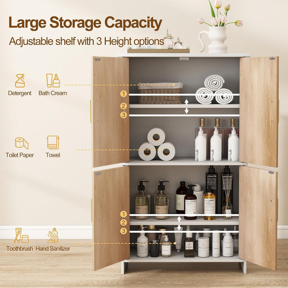 Bathroom Storage Cabinet, Floor Cabinet with 4 Fluted Doors and 2 Adjustable ...