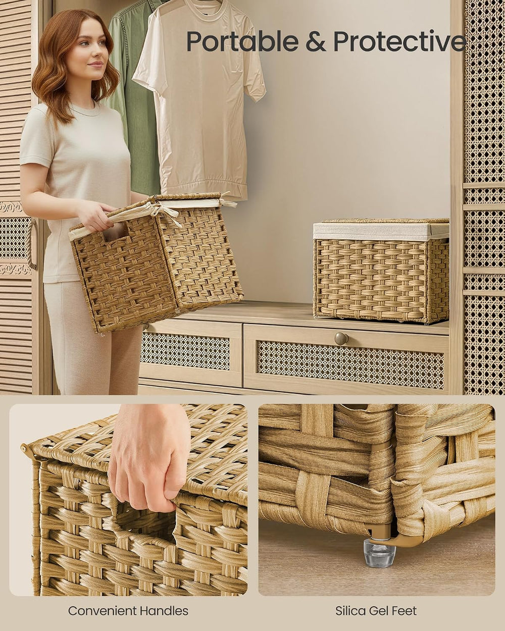 SONGMICS Woven Storage Basket with Lid, 9.2 Gallon (35L), Foldable
