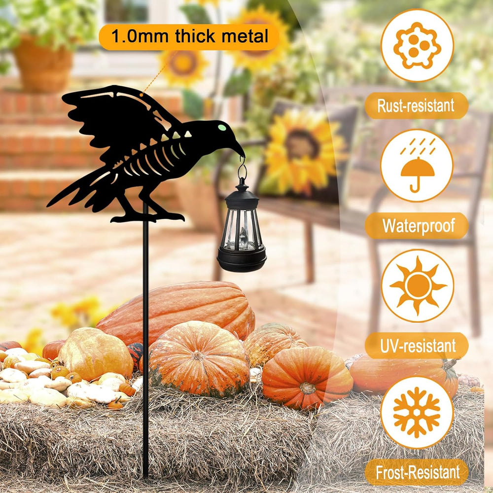 Solar Halloween Decorations Outdoor,2 Pack Metal Black Crow Yard Sign Stake