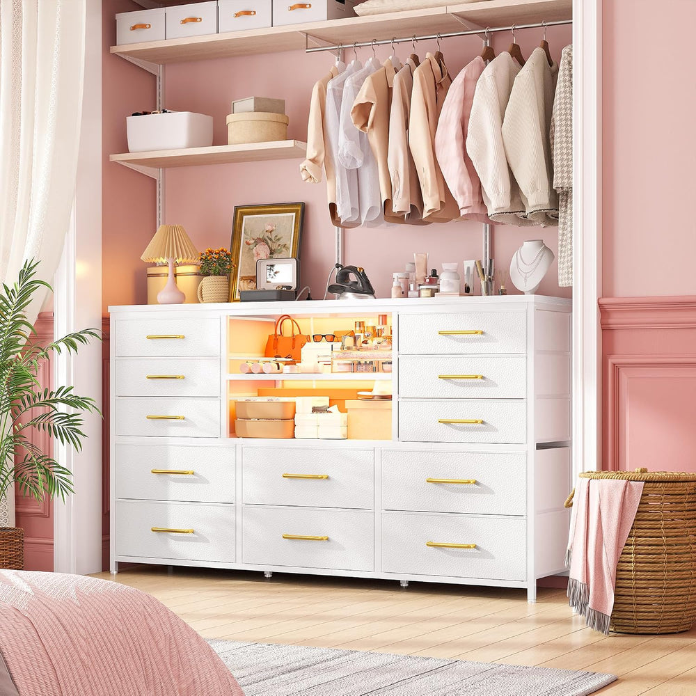 EnHomee Dresser for Bedroom with LED Lights & Charging Station