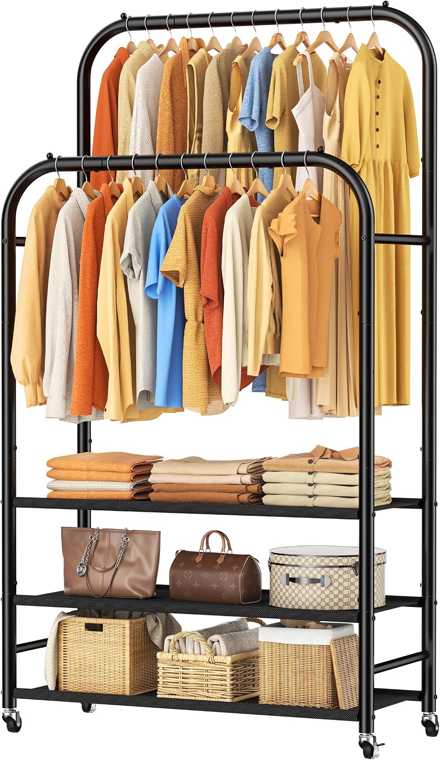 HOMIDEC Clothes Rack,Double Rods Clothing Rack with 3 Tier Shelve&Wheels