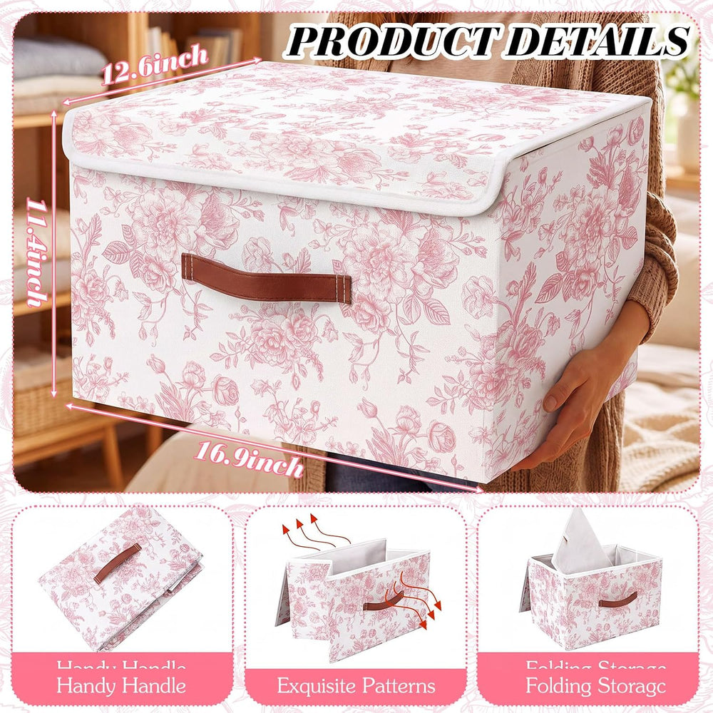 2 Pack Pink Floral Storage Bin with Lids, 17x11x12 Inch