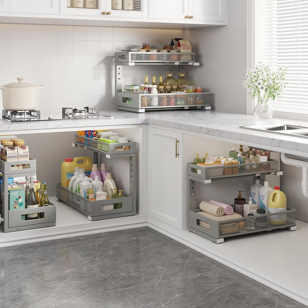 2 Pack 17IN Depth Under Sink Storage Organizer, Large 2-Tier Elegant Mesh Pul...
