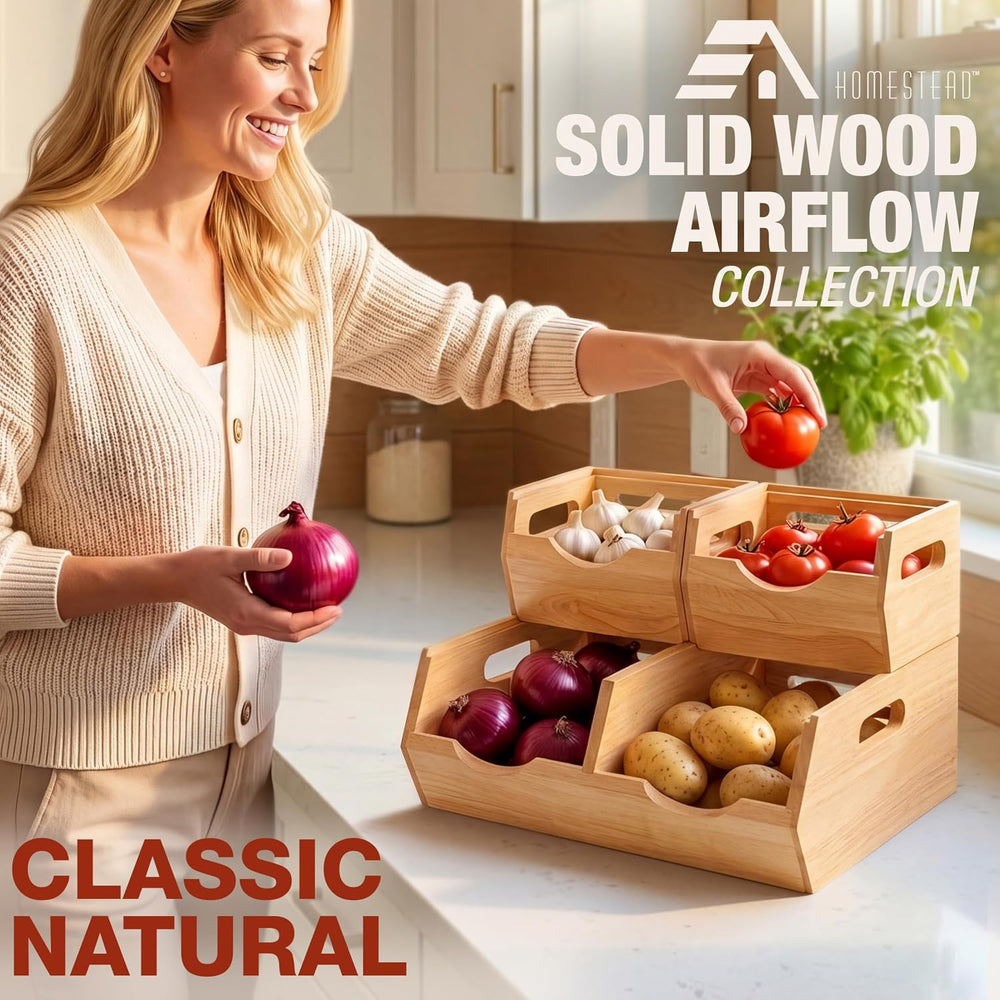 HOMESTEAD Stackable Solid Wood Storage Bins for Pantry & Countertop, Vent...