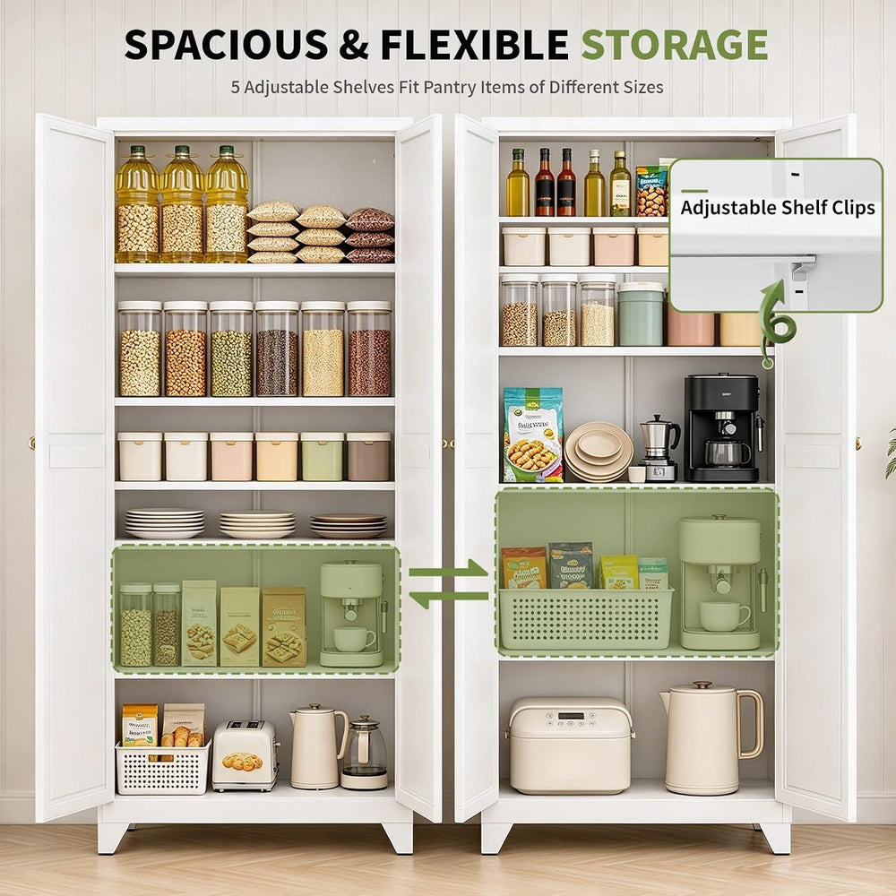 75" White Metal Pantry Cabinet with Doors & 5 Adjustable Shelves
