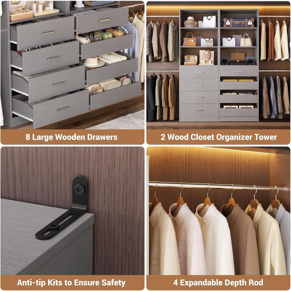 Aheaplus Closet System, 6-15Ft Closet Organizer with 8 Wooden Drawers