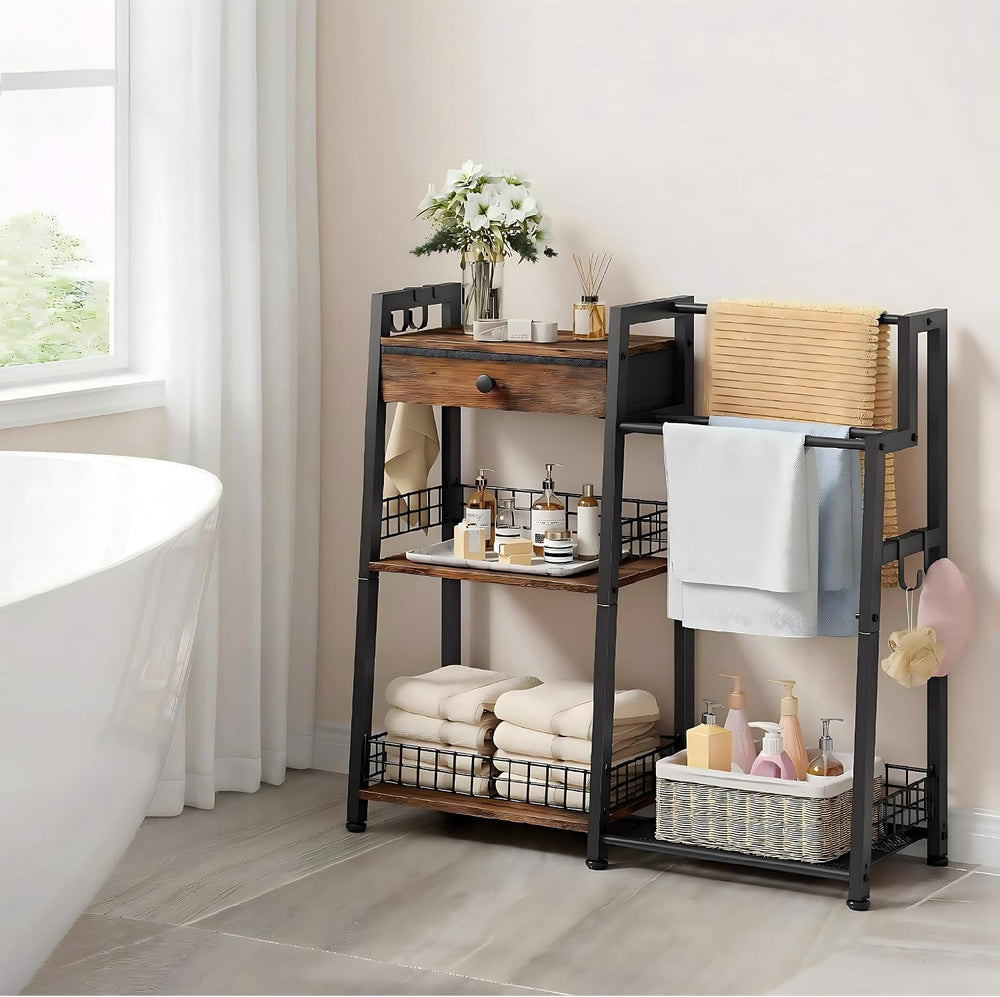 2-in-1 Bathroom Ladder Shelf with Towel Rack & Drawer,Rustic Brown