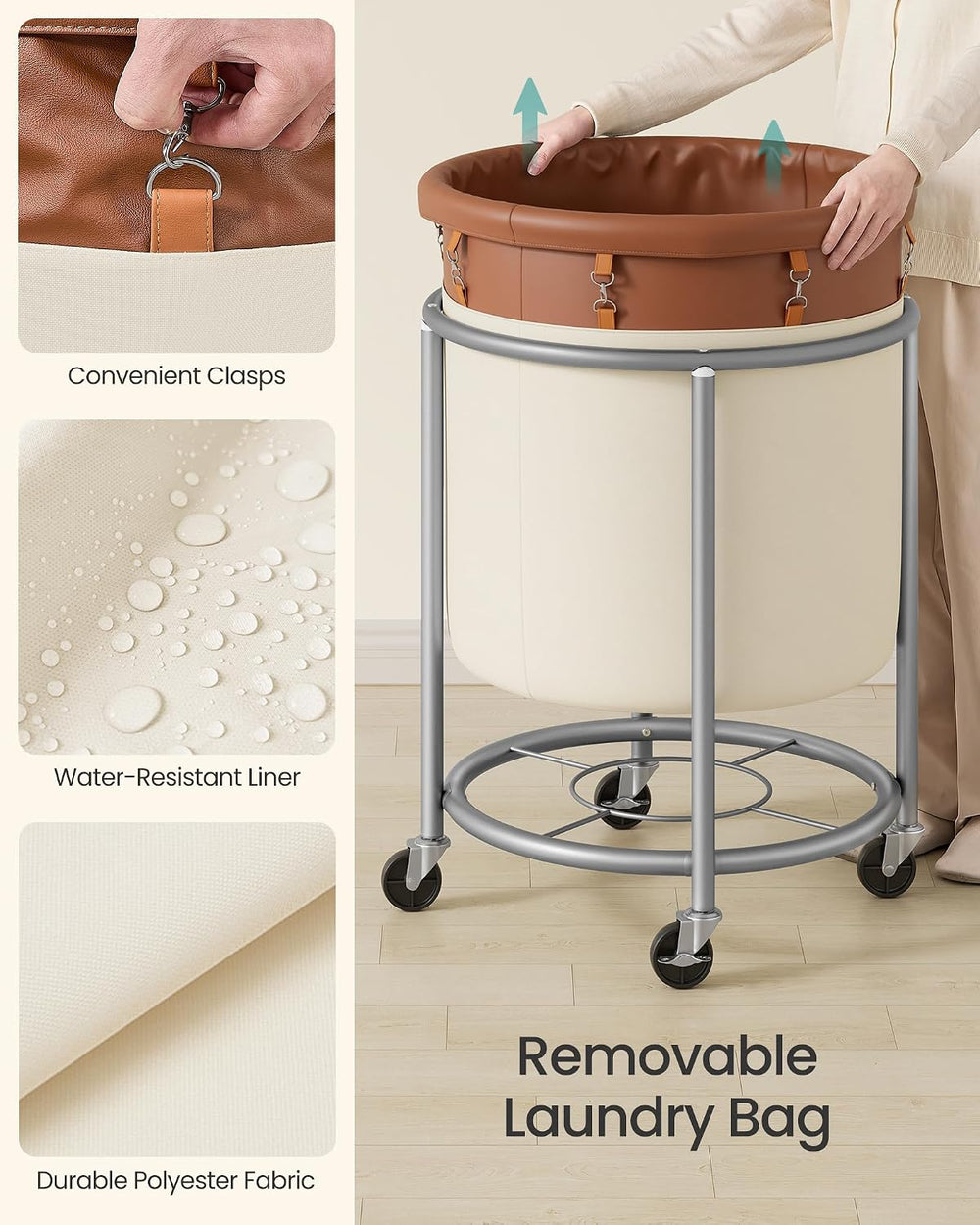 SONGMICS Laundry Basket with Wheels,190 L, Steel Frame, Removable Bag