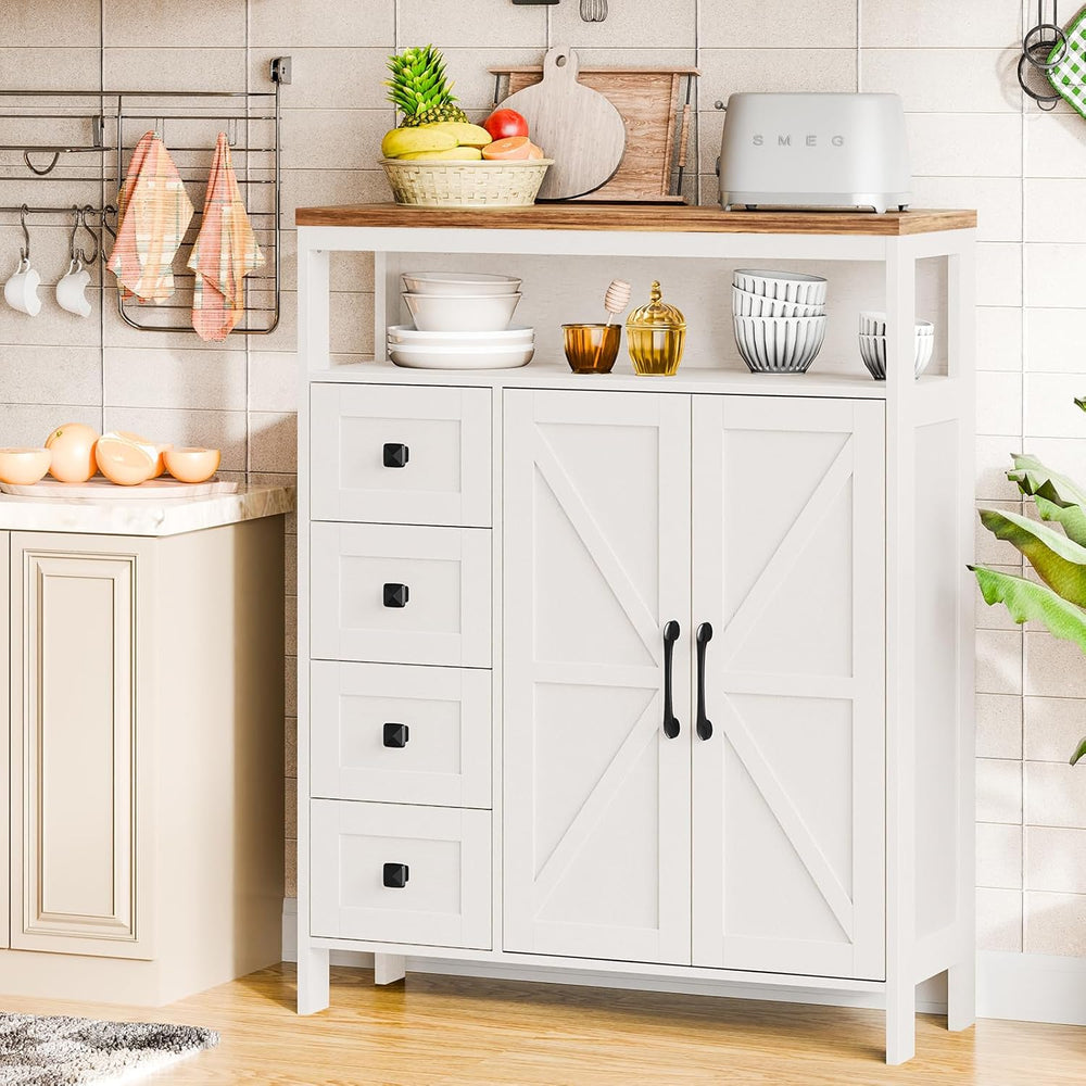 Vabches Farmhouse Storage Cabinet with 2 Doors and 4 Drawers, Unique White