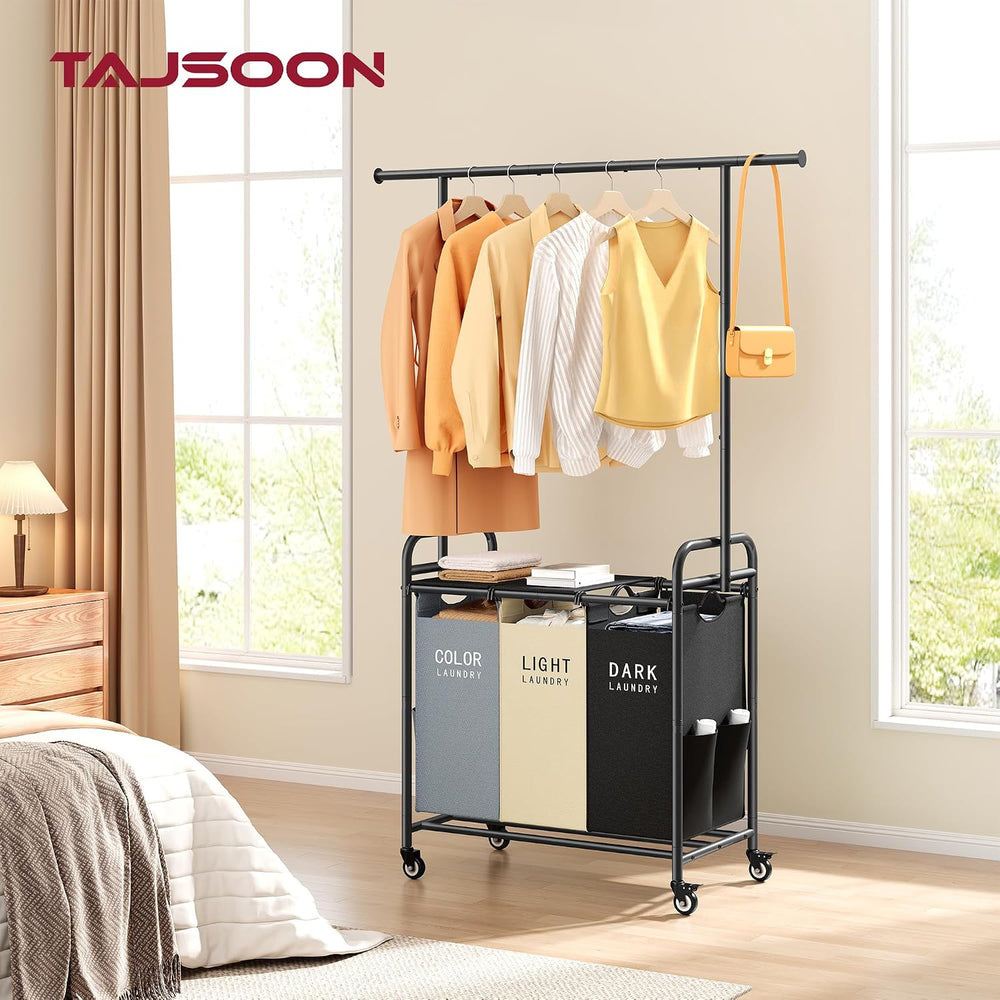 Tajsoon Laundry Sorter with Hanging Bar and Lid, 3 Section, 3 Colors