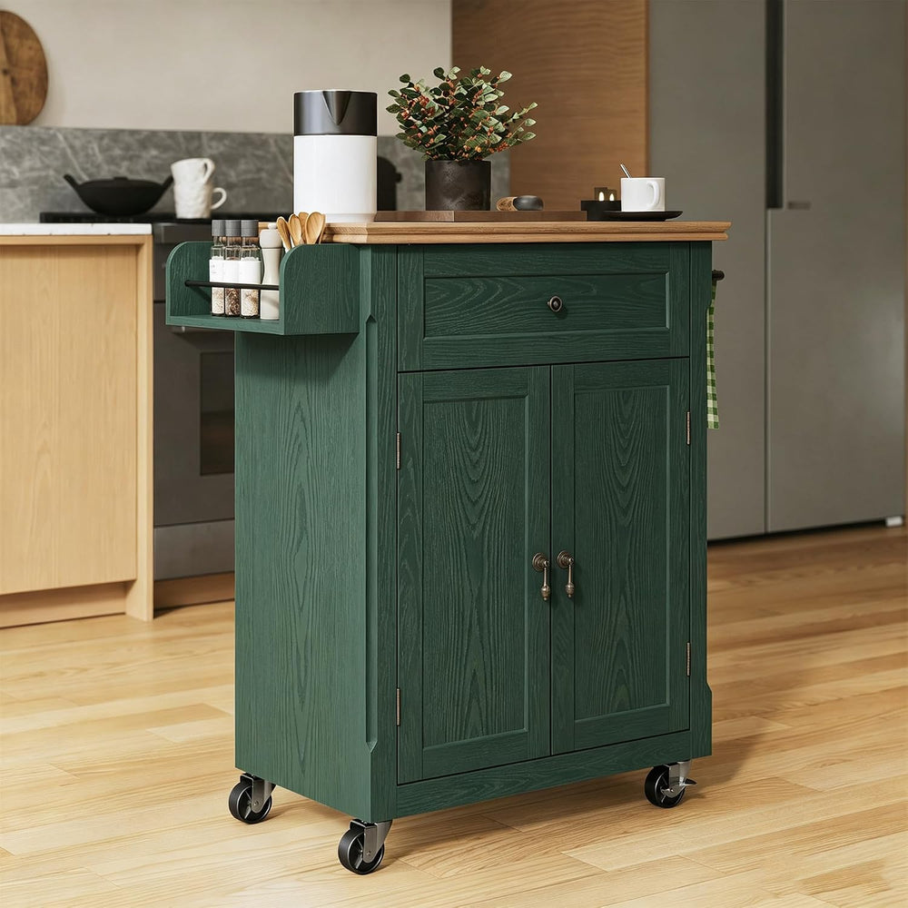 26'' Small Kitchen Island, Vintage Wood Kitchen Cart on Wheels, Green