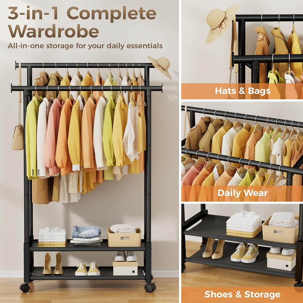 Double Rod Clothing Rack with 2 Shelves, Rolling, Black