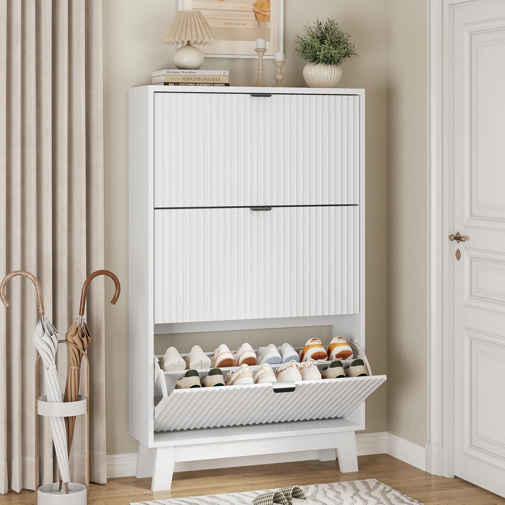 Xixini Shoe Cabinet with 3 Flip Drawers, 54" Tall Narrow Fluted Shoe Sto...