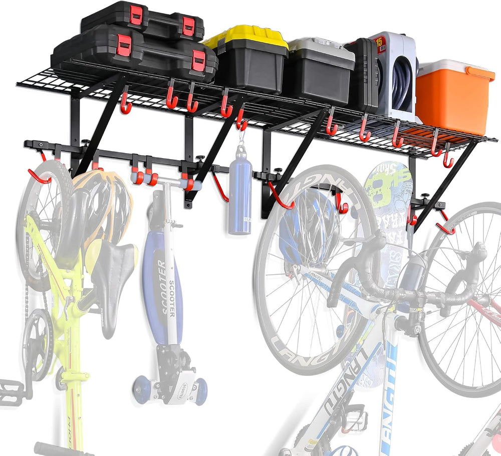 Garage Wall Shelving with Bike Hooks, Adjustable Storage Rack