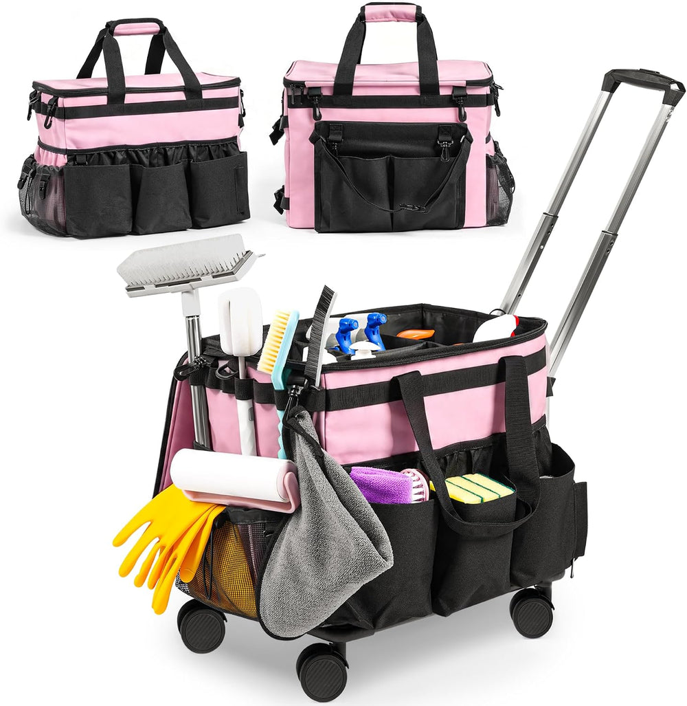 Rolling Cleaning Caddy Bag w/Detachable Trolley & Lid (Pink)