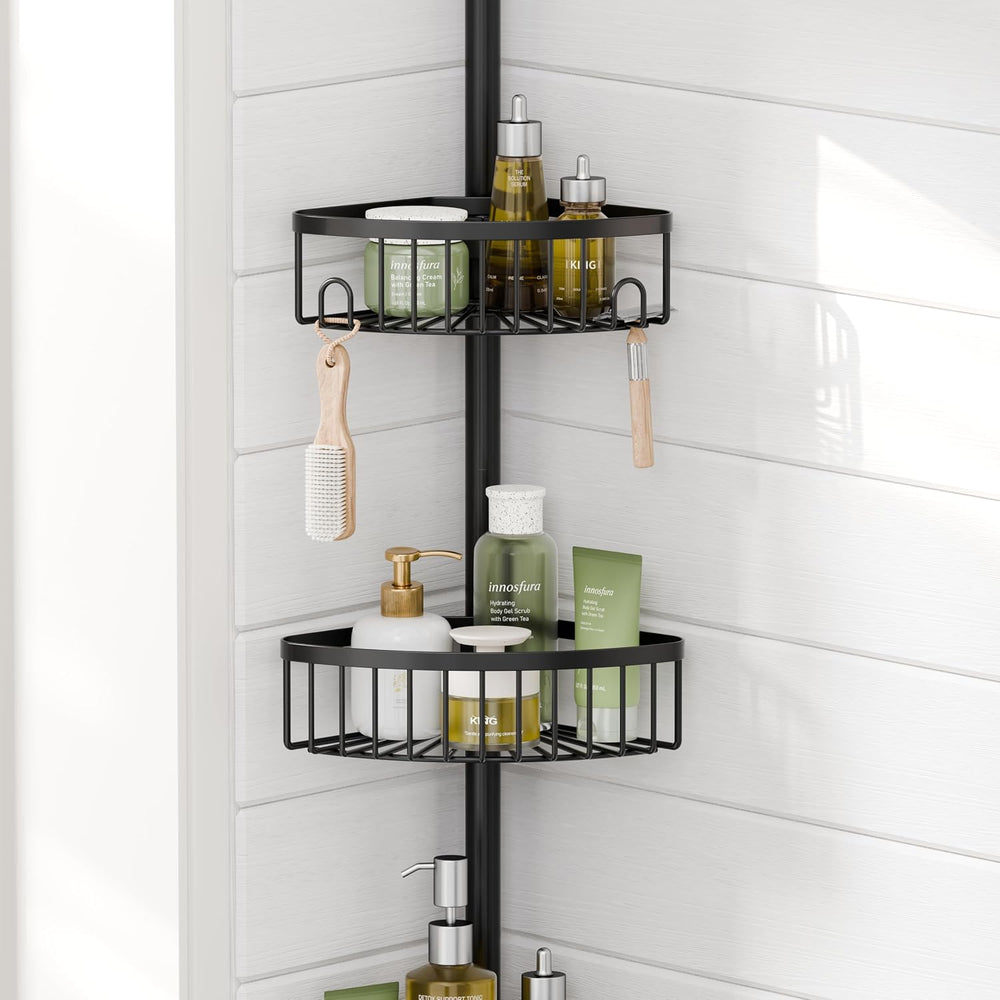 TOOLF 4 Tier Tension Pole Shower Caddy, 12 Adjustable Heights, Flat Black