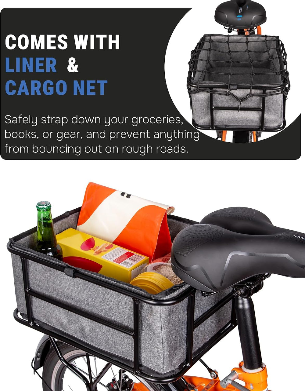 Lightweight Bike Rear Basket for Adults with Net and Liner, Steel Frame Bicyc...