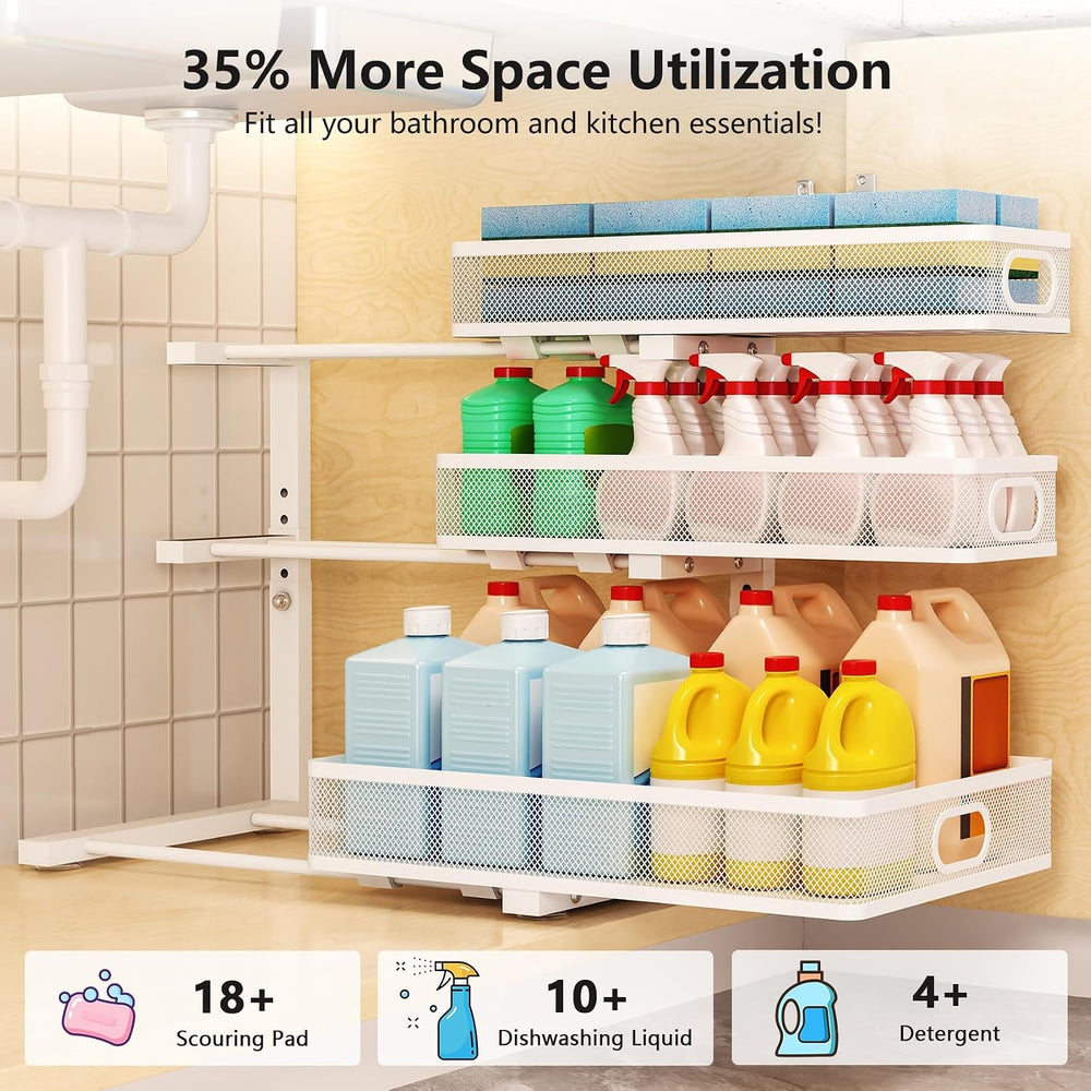3-Tier Under Sink Organizer, Slide Out Drawer Rack, White, 2 Pack