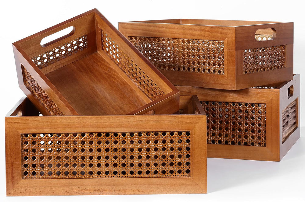 Rattan Wooden Box Set of 4 Handmade Decorative Storage Basket with Handles