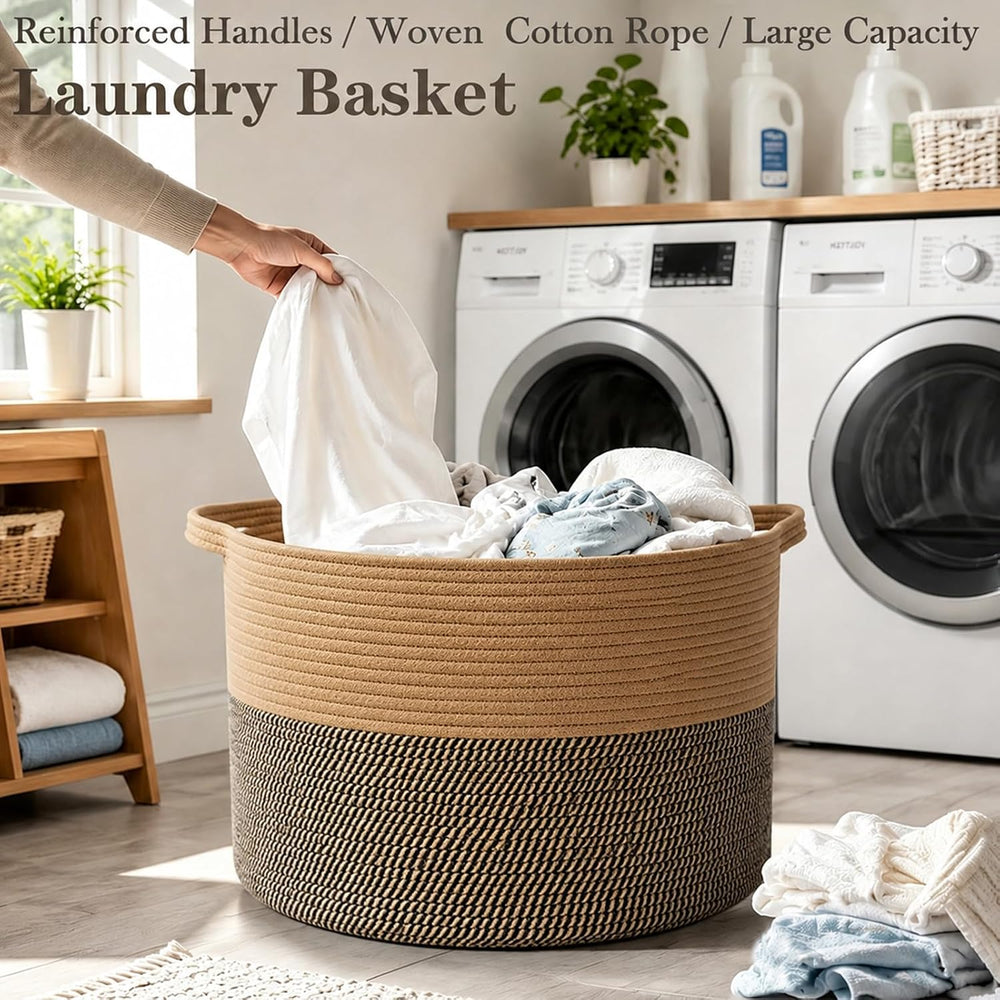 115L Extra Large Blanket Basket,Woven Laundry Basket-Jute&Black