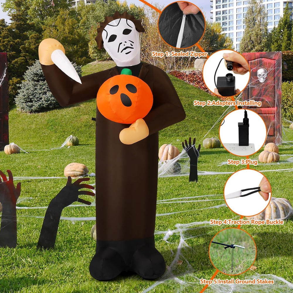 COMIN Halloween Inflatable 6FT Scary Pumpkin Killer with Built-in LEDs Blow U...