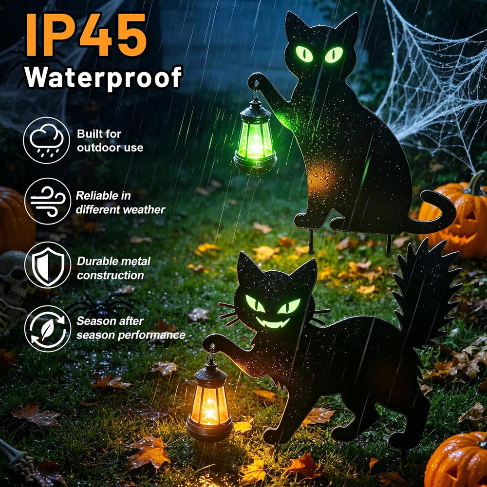 Halloween Spooky 2 Types Black Cat Yard Signs with Lantern(2PCS)