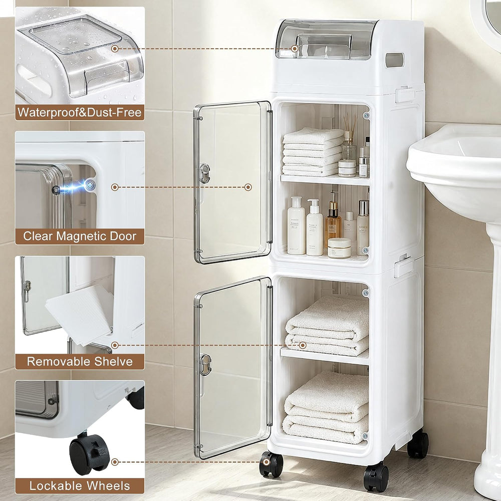 Slim Bathroom Storage Cabinet with Wheels, 4-Tier Narrow Organizer