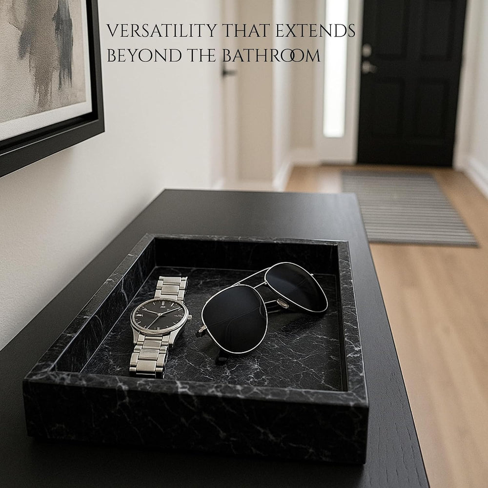Bey-Berk Ezra Black Zebra Marble Guest Towel Tray – Rectangular Bathroom Vani...