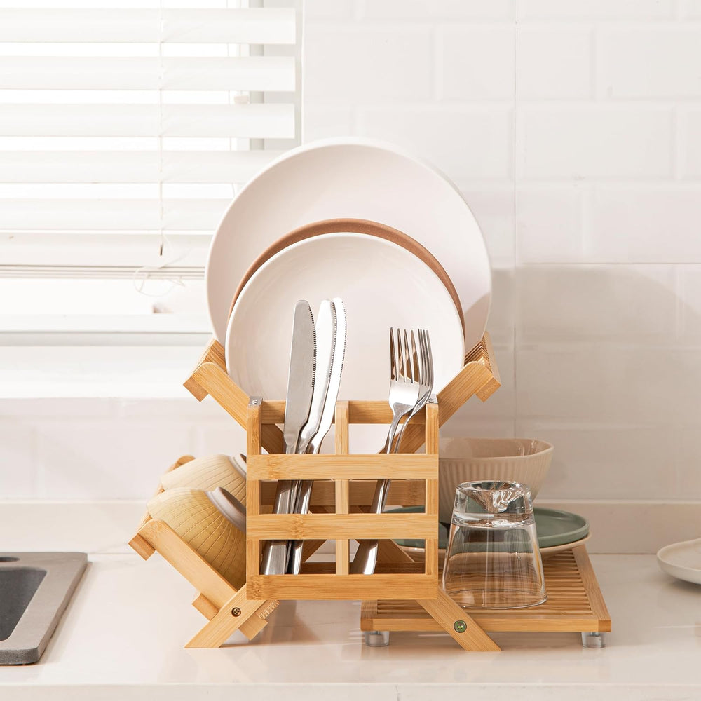HBlife Bamboo Dish Drying Rack with Utensil Holder, 3-Tier Large Collapsible ...