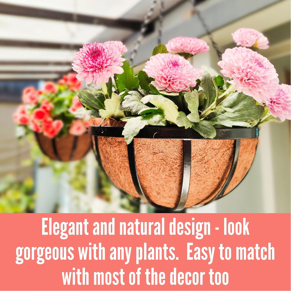 LaLaGreen Round Hanging Baskets (14 in, 4 Pack) Black Coco Liner Planters